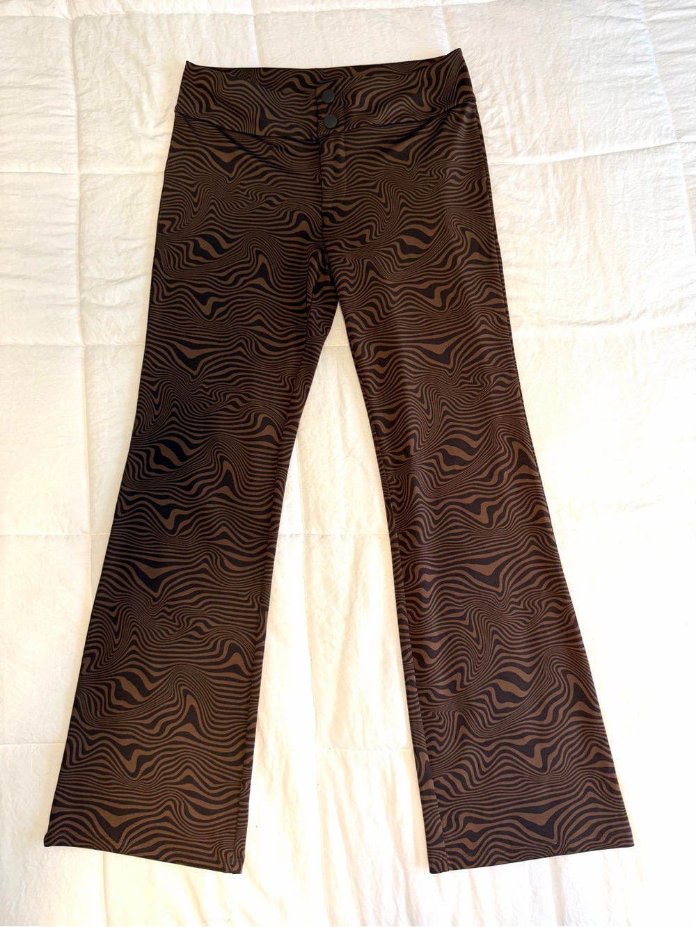 Retro Swirly Flare Pants Chocolate Brown Swirl Print Stretchy Y2K Large
